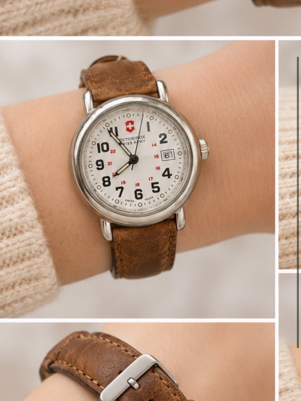 Swiss Army Watch. Silver Case Watch with White Dial and Brown Leather Strap